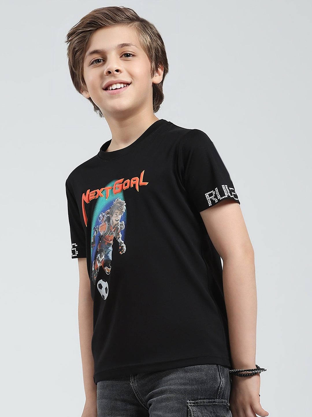 Boys Black Printed Round Neck Half Sleeve T-Shirt