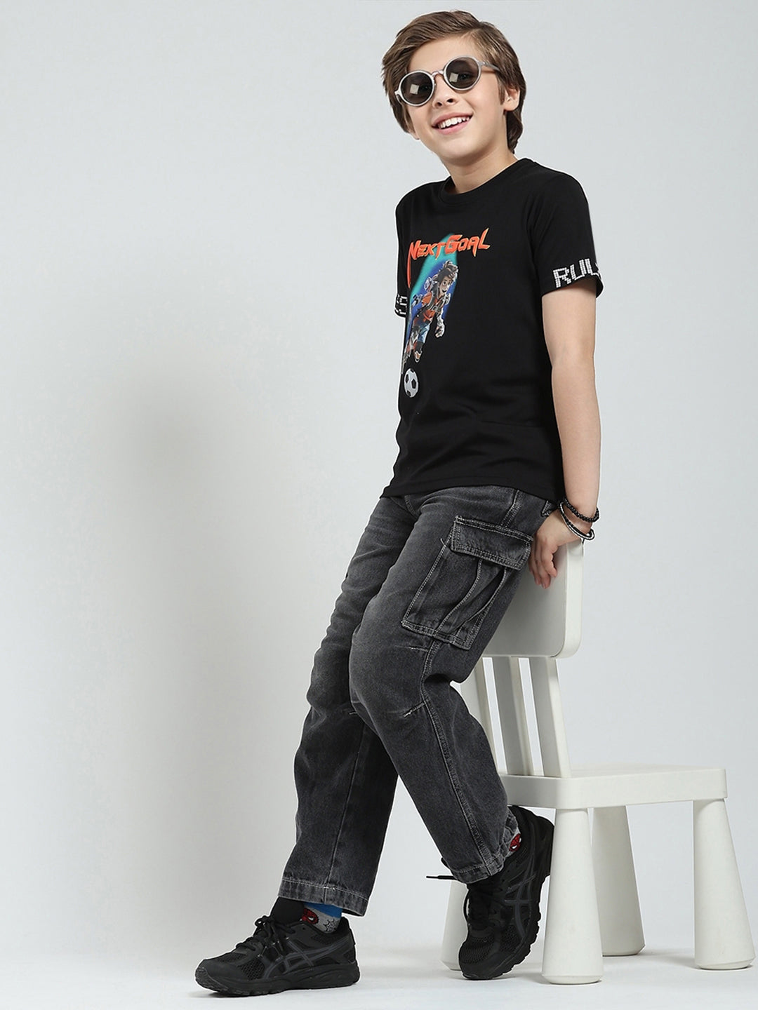 Boys Black Printed Round Neck Half Sleeve T-Shirt