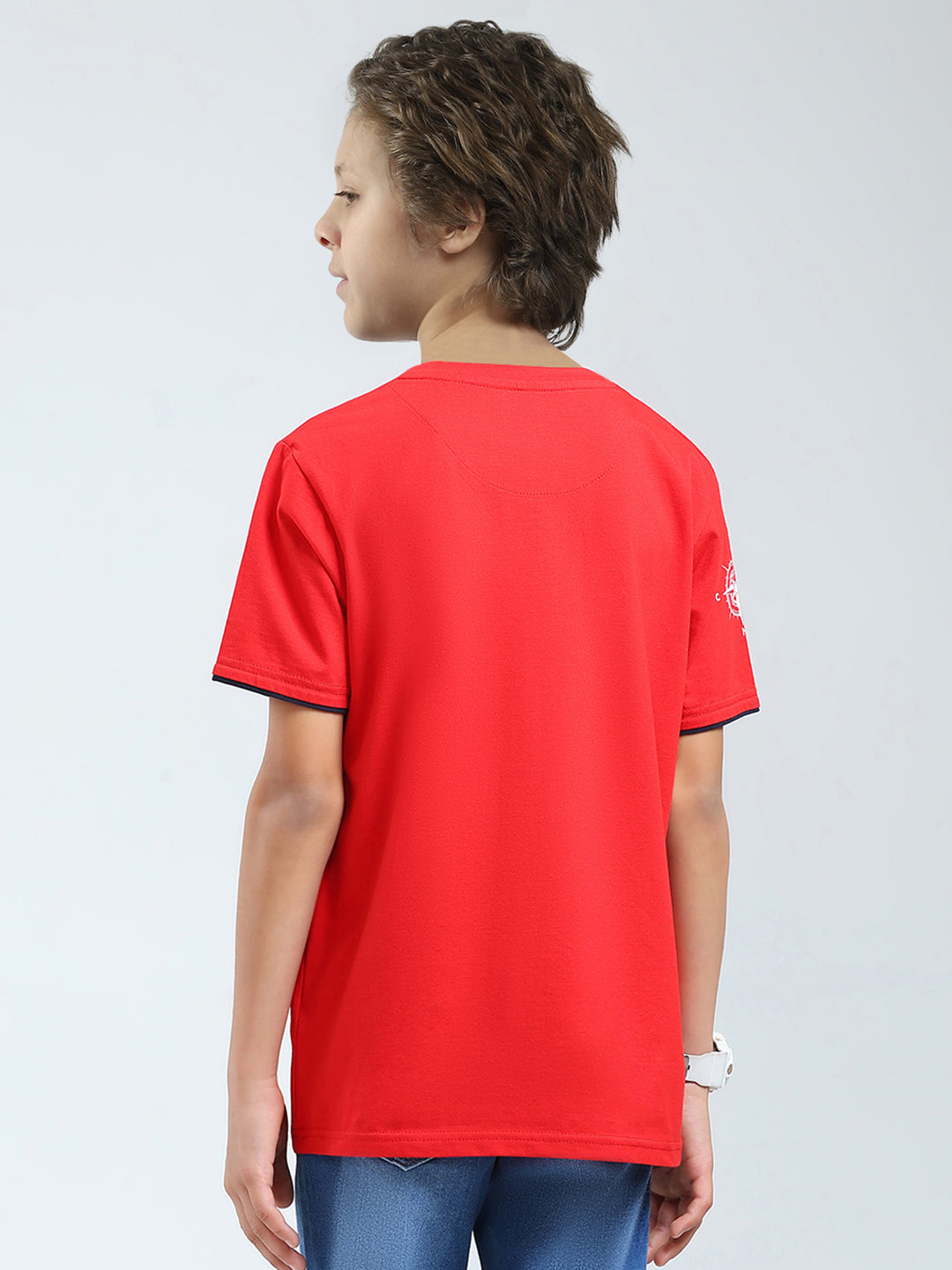 Boys Red Printed Round Neck Half Sleeve T-Shirt