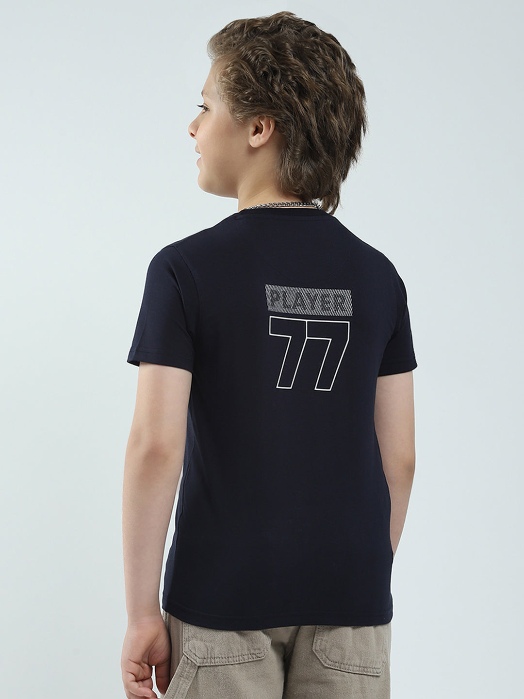 Boys Navy Blue Printed Round Neck Half Sleeve T-Shirt