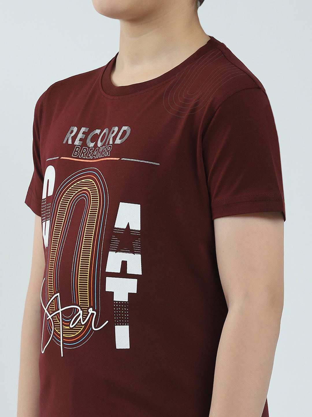Boys Maroon Printed Round Neck Half Sleeve T-Shirt