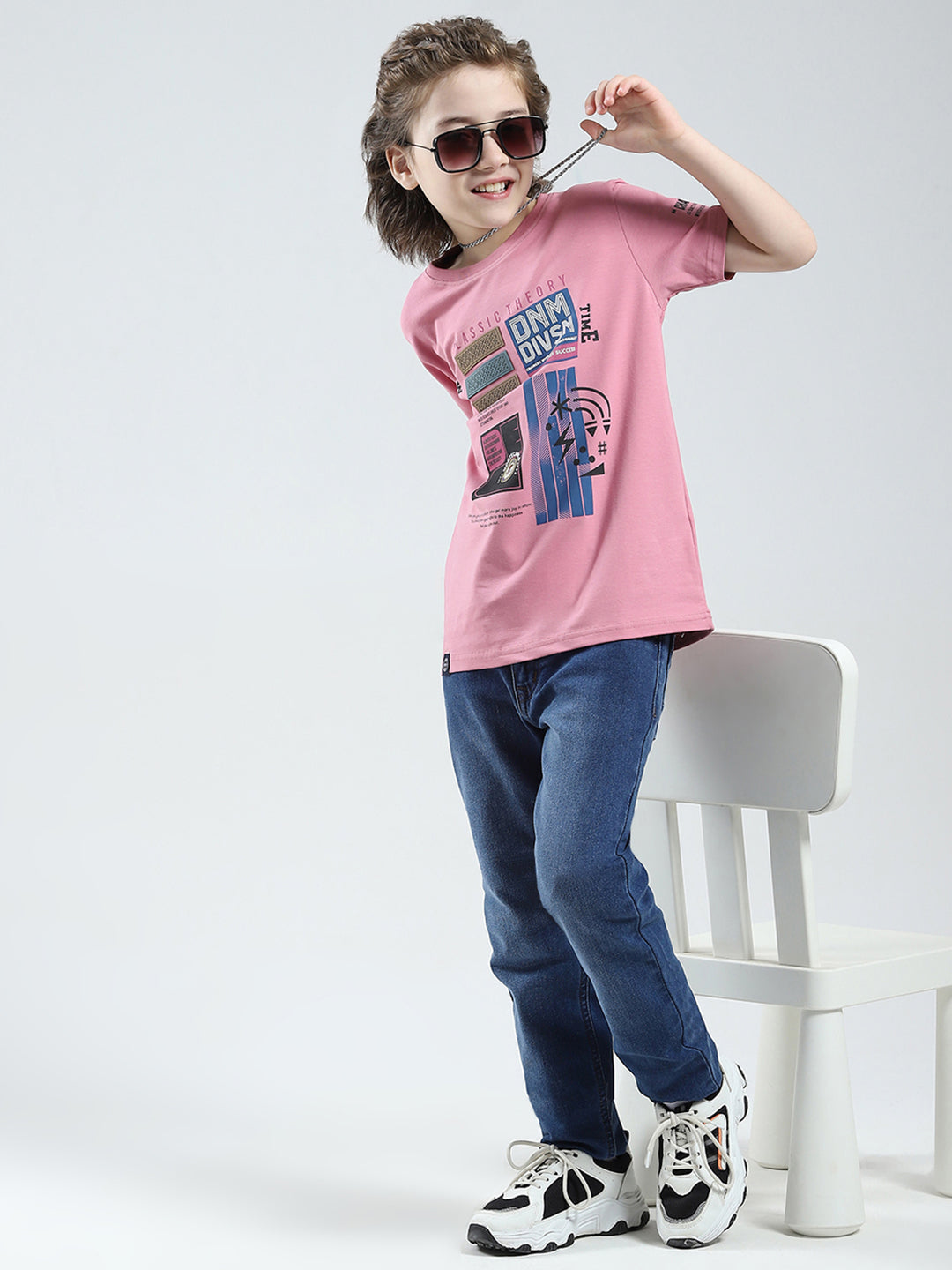 Boys Pink Printed Round Neck Half Sleeve T-Shirt