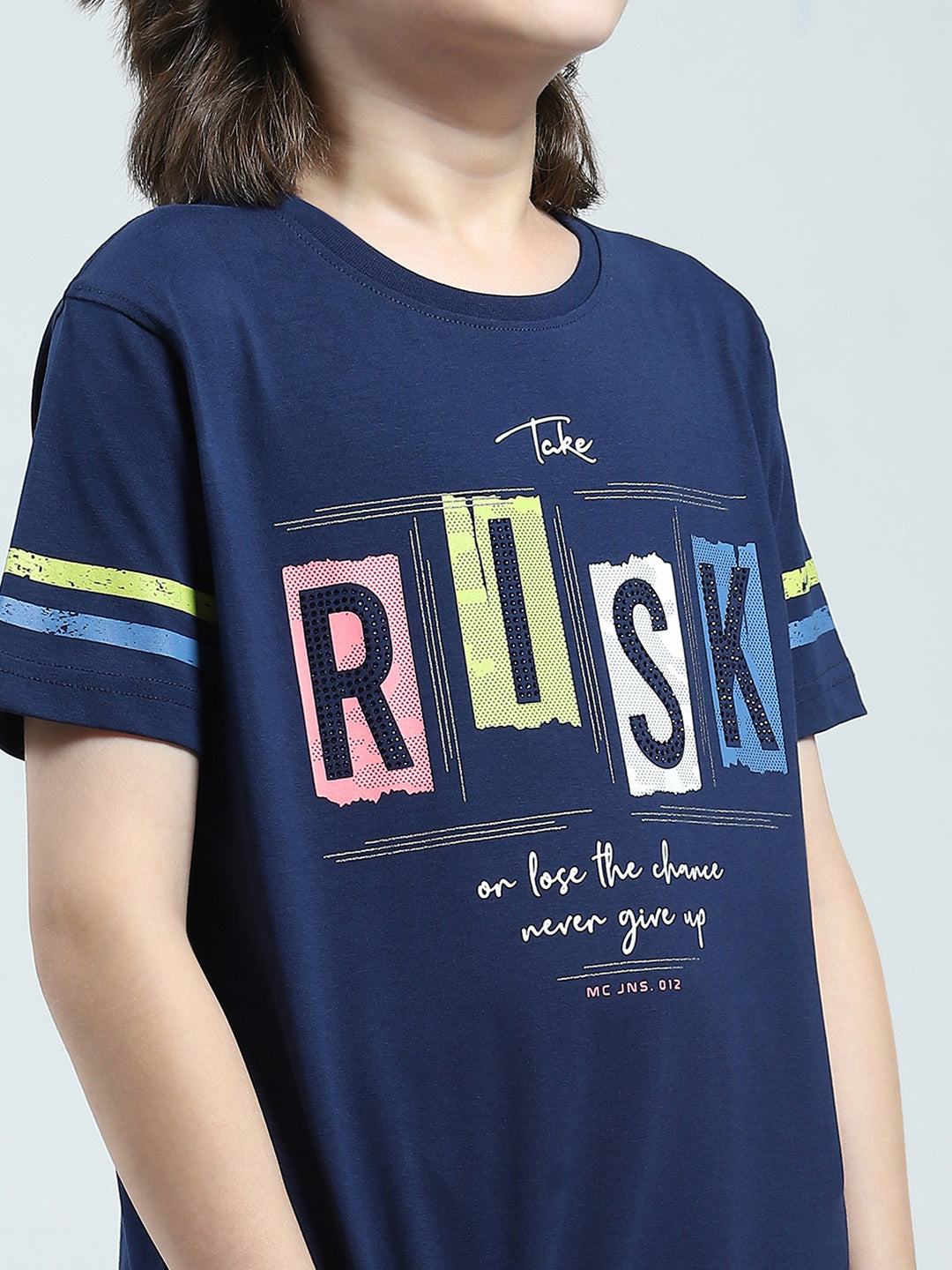Boys Navy Blue Printed Round Neck Half Sleeve T-Shirt