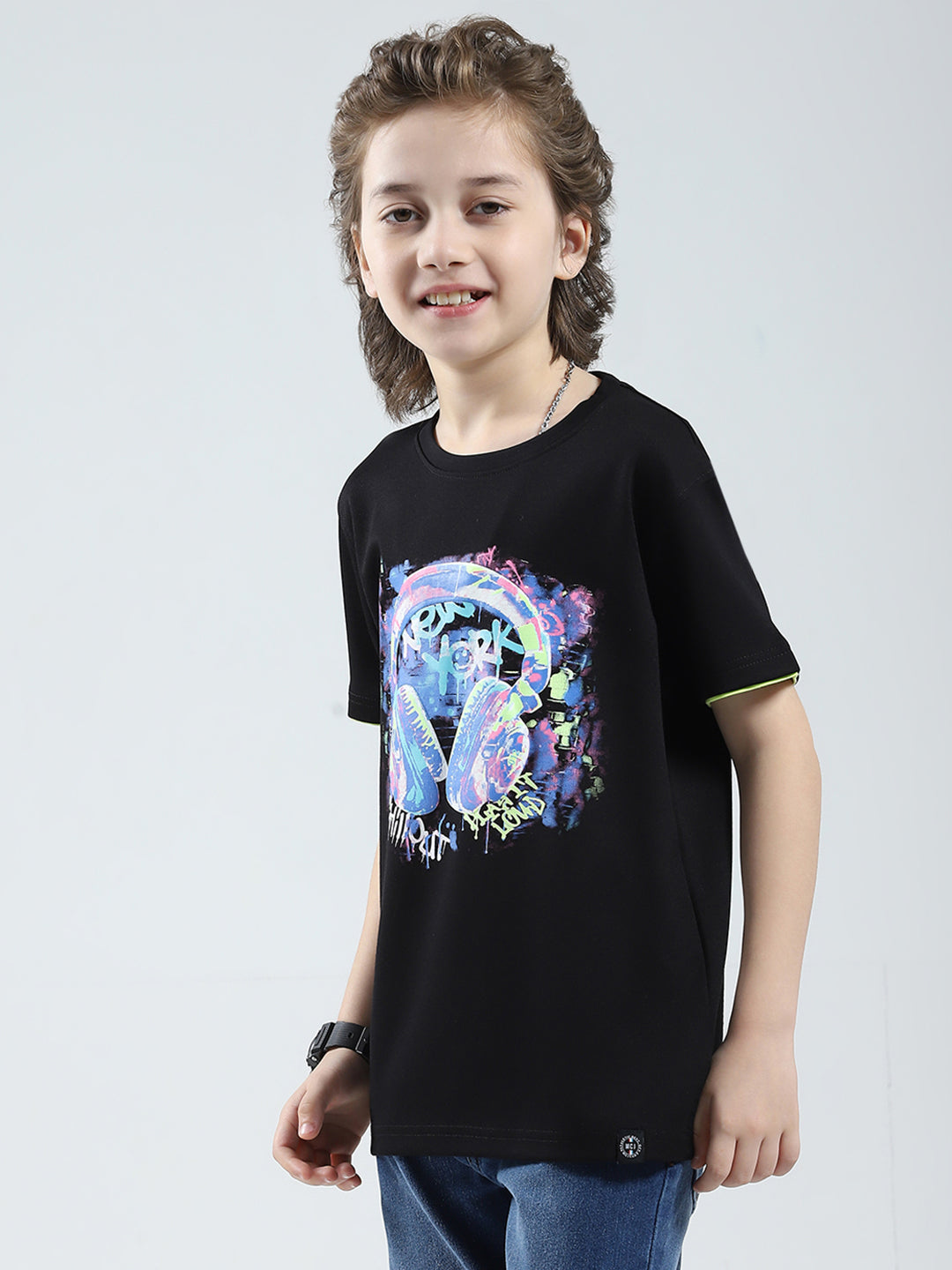 Boys Black Printed Round Neck Half Sleeve T-Shirt