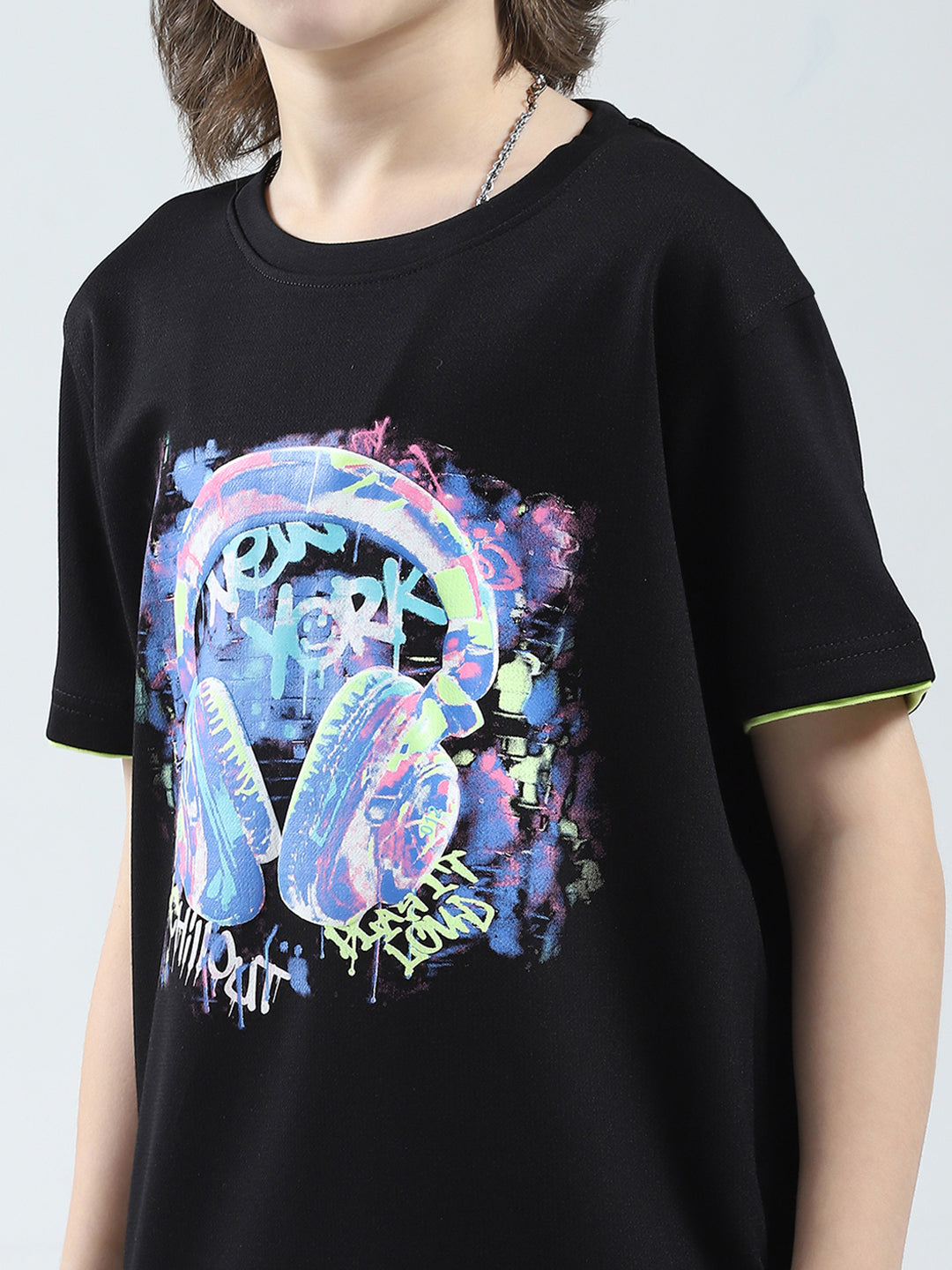 Boys Black Printed Round Neck Half Sleeve T-Shirt