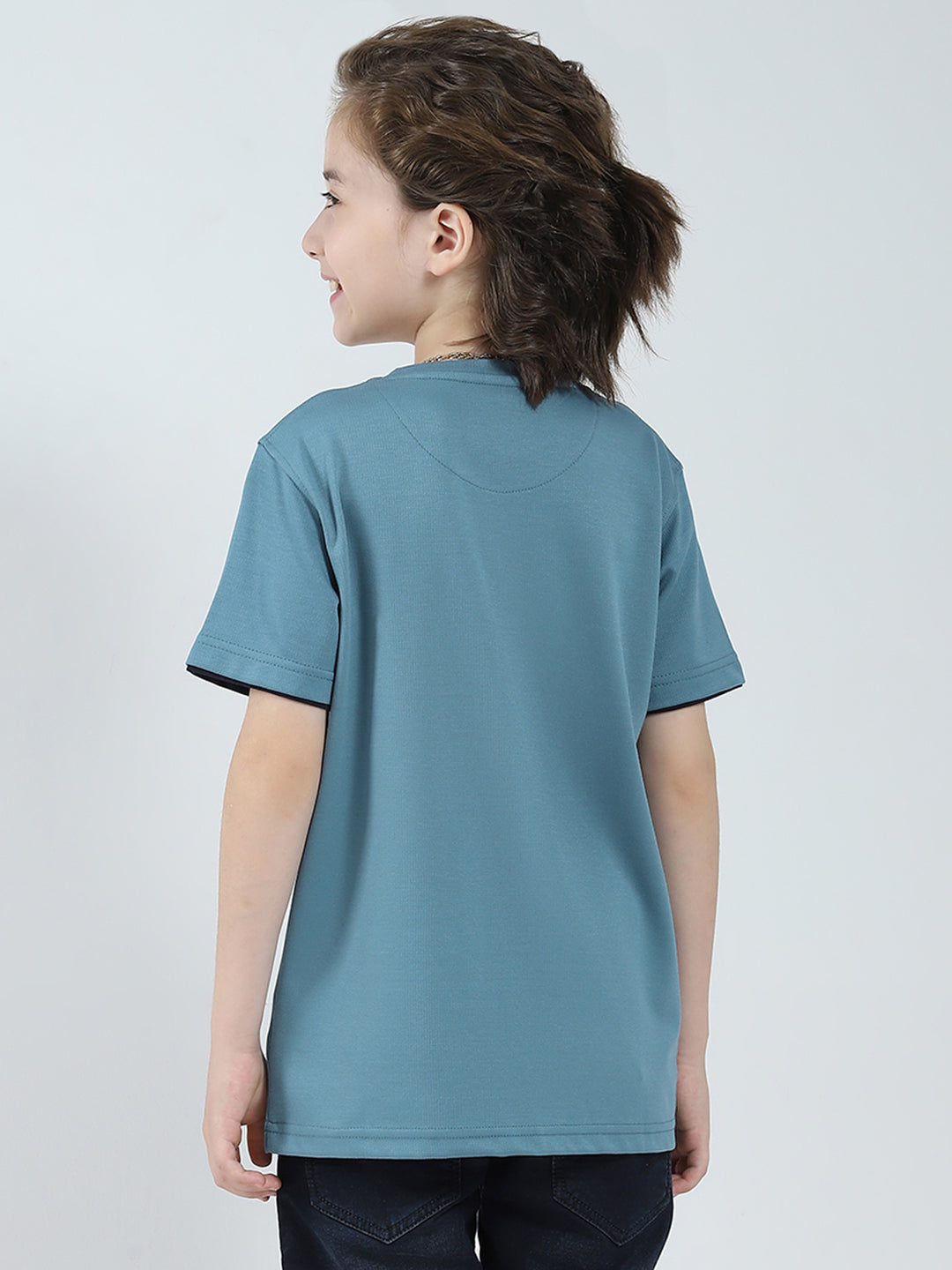 Boys Blue Printed Round Neck Half Sleeve T-Shirt
