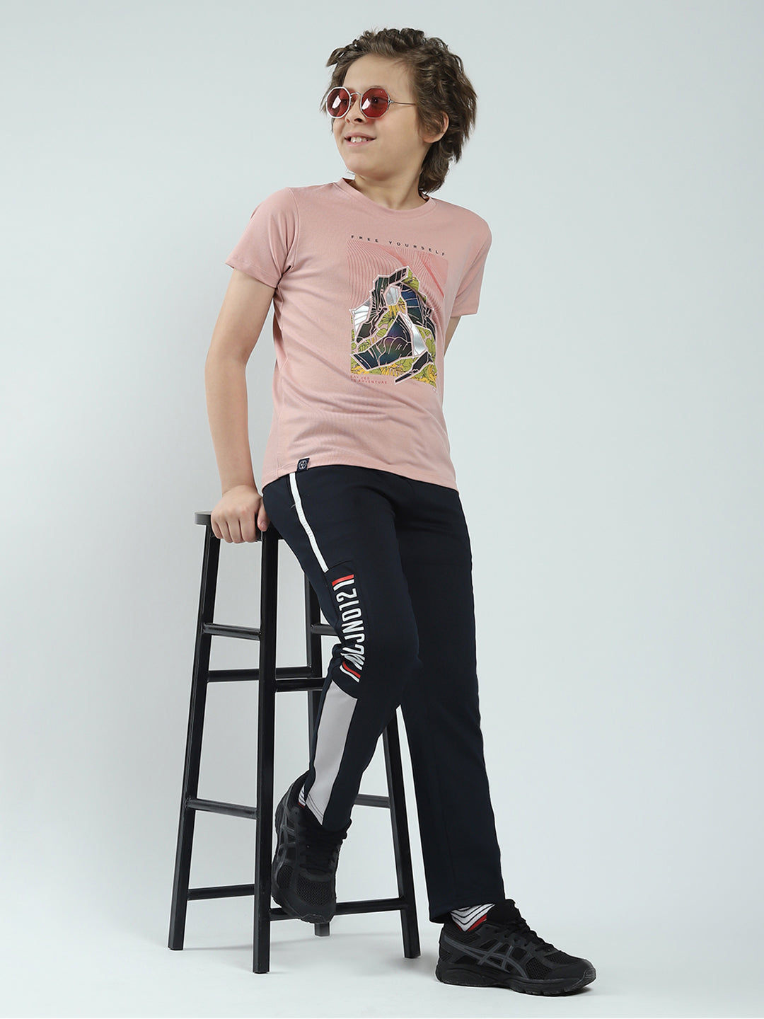 Boys Pink Printed Round Neck Half Sleeve T-Shirt