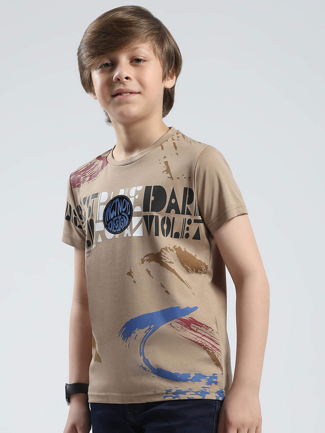 Boys Beige Printed Round Neck Half Sleeve T-Shirt