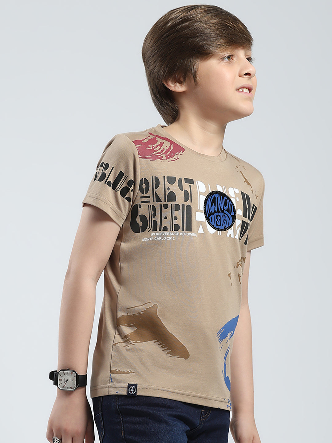 Boys Beige Printed Round Neck Half Sleeve T-Shirt
