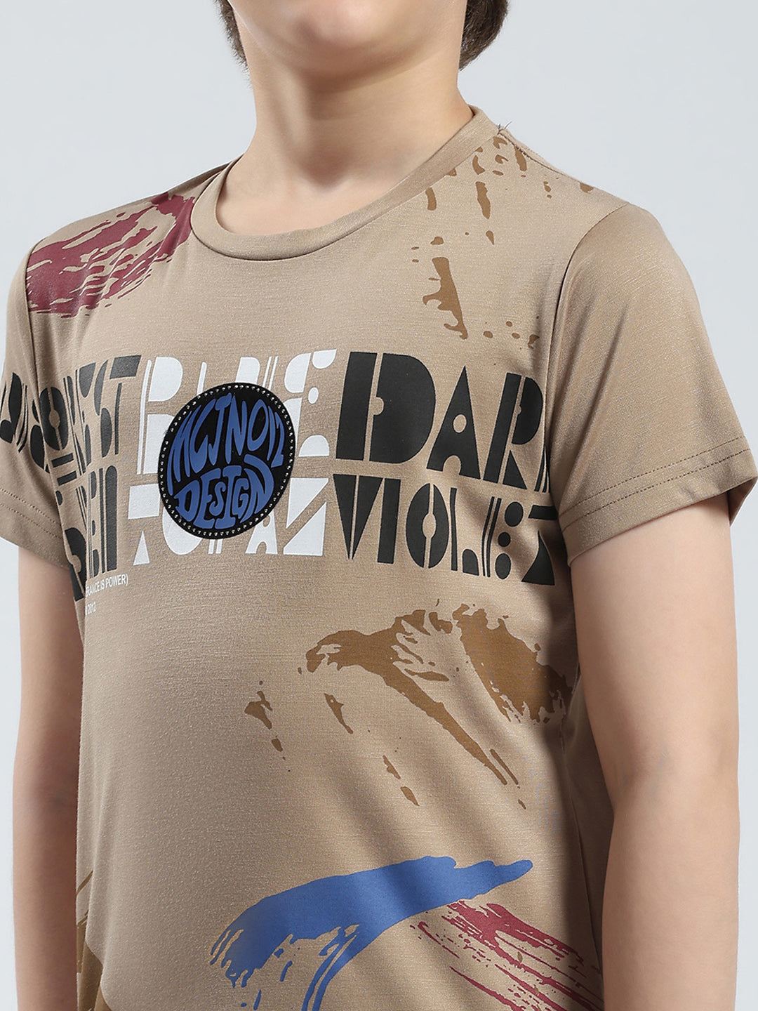 Boys Beige Printed Round Neck Half Sleeve T-Shirt