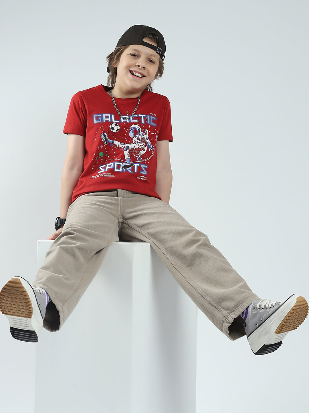 Boys Red Printed Round Neck Half Sleeve T-Shirt