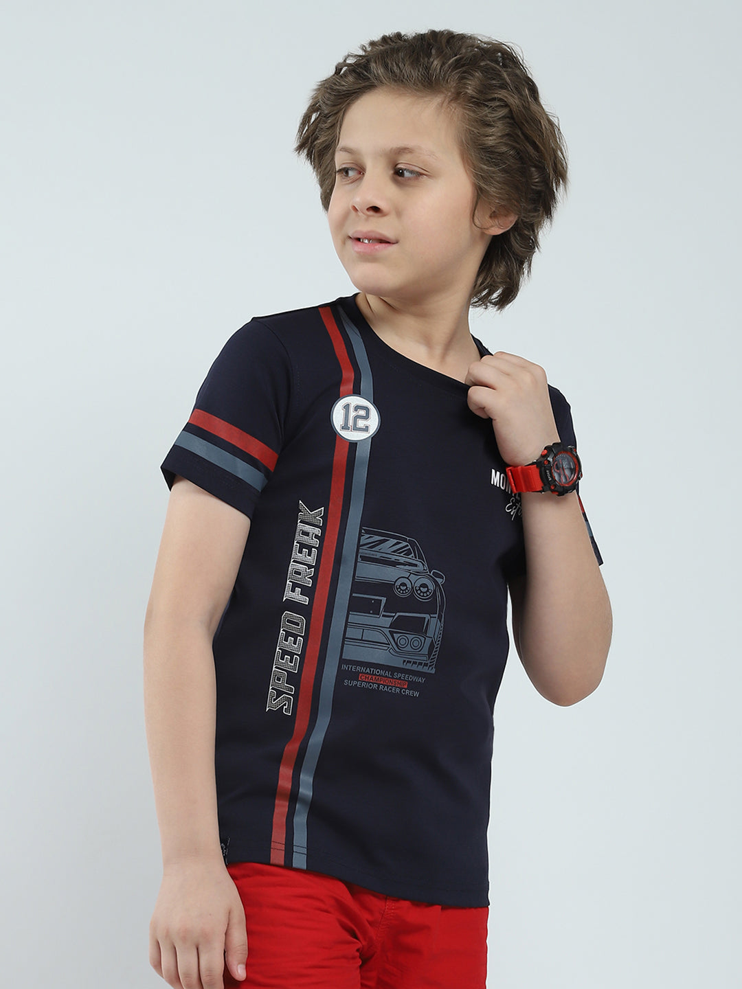 Boys Navy Blue Printed Round Neck Half Sleeve T-Shirt