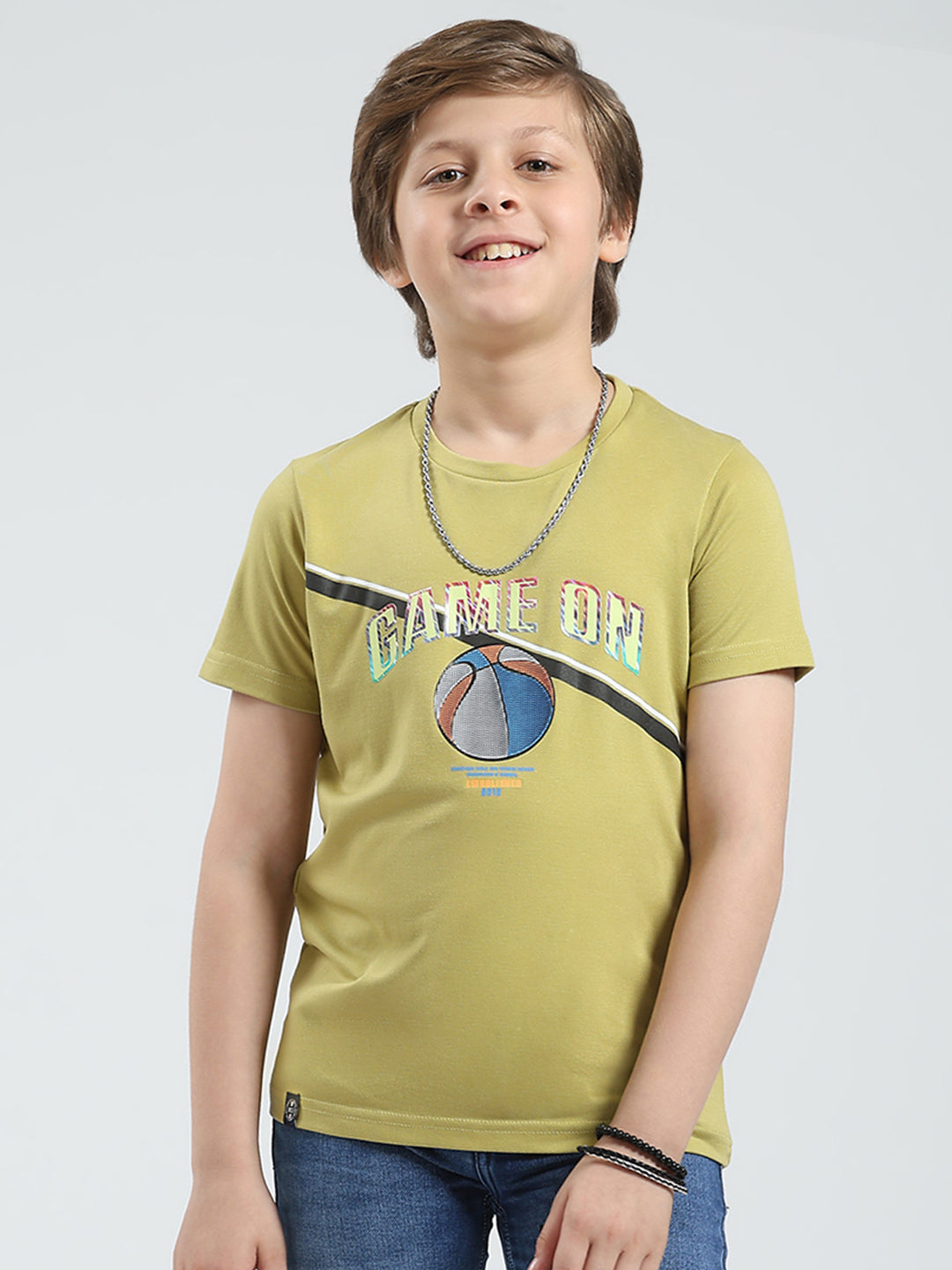 Boys Green Printed Round Neck Half Sleeve T-Shirt