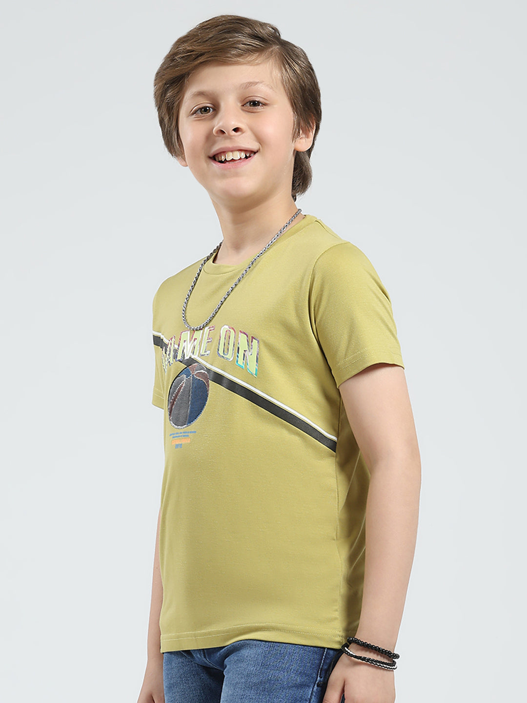 Boys Green Printed Round Neck Half Sleeve T-Shirt