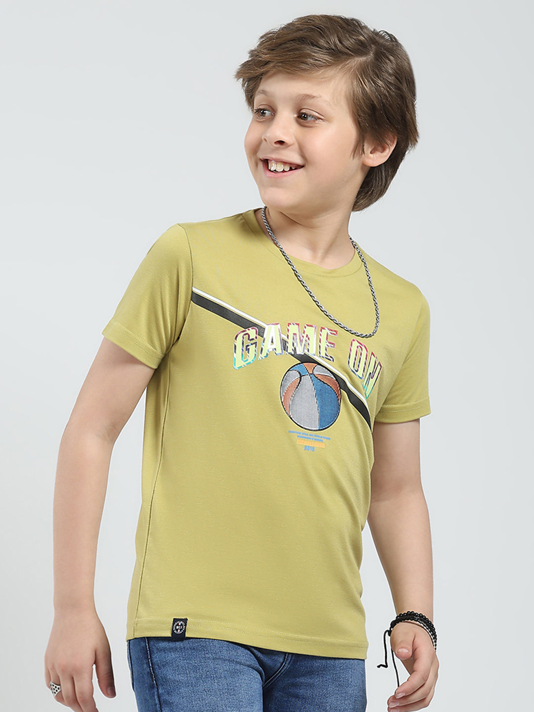 Boys Green Printed Round Neck Half Sleeve T-Shirt