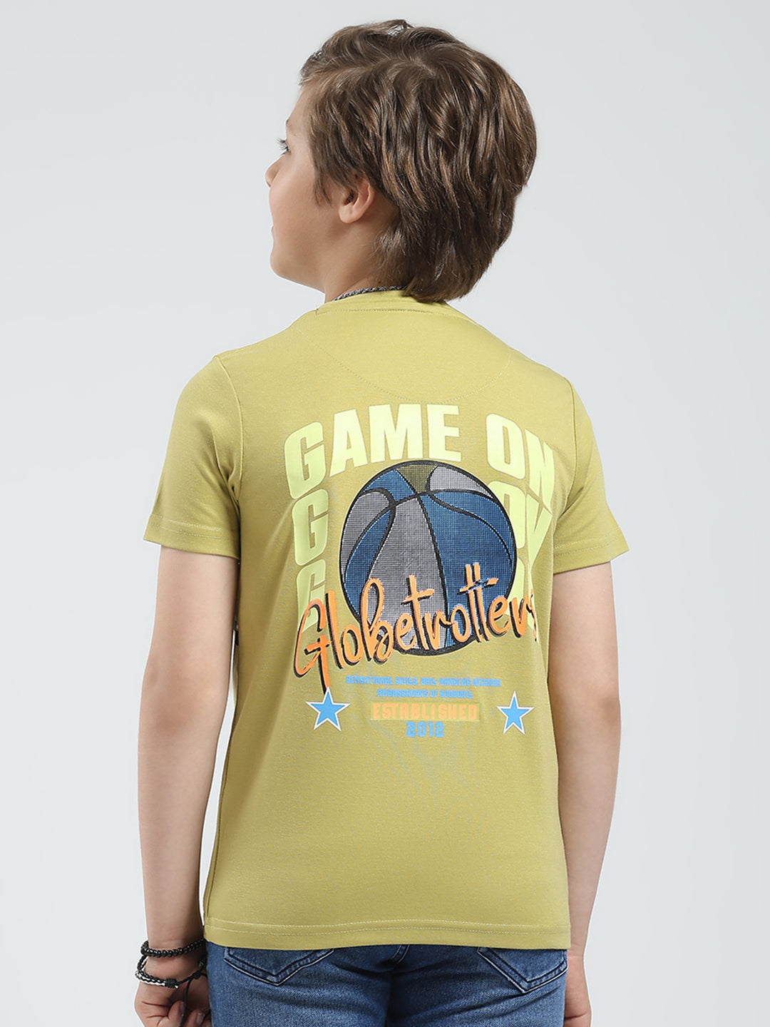 Boys Green Printed Round Neck Half Sleeve T-Shirt