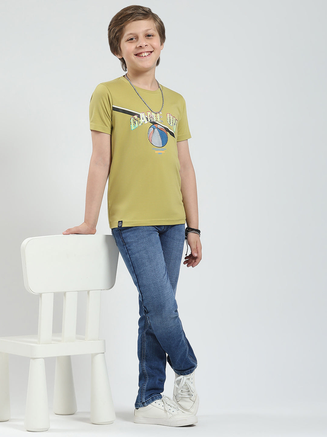 Boys Green Printed Round Neck Half Sleeve T-Shirt