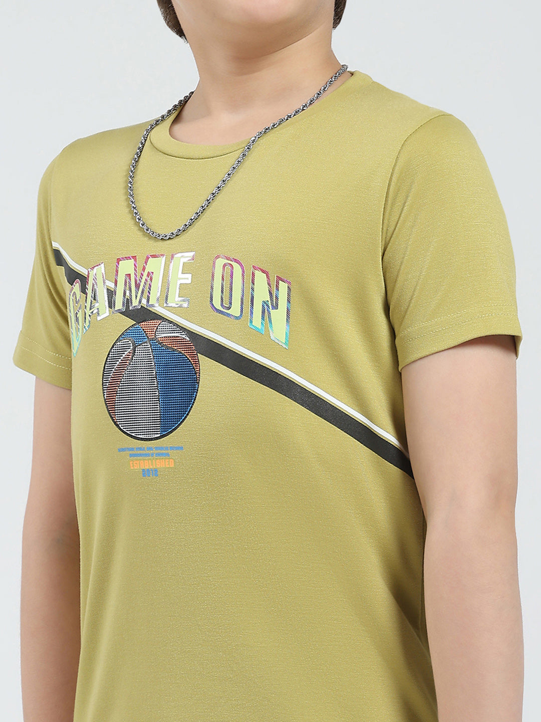 Boys Green Printed Round Neck Half Sleeve T-Shirt