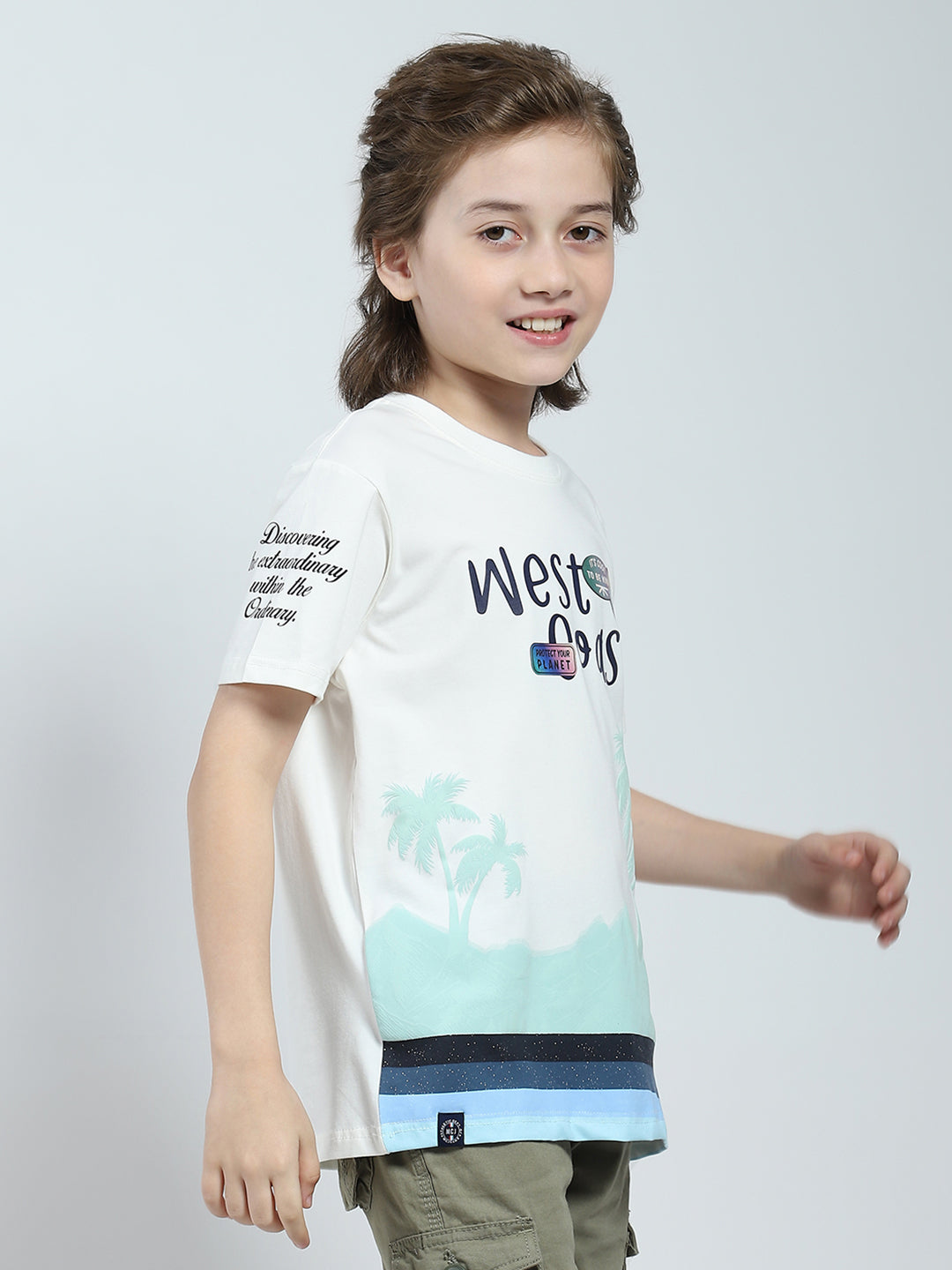 Boys White Printed Round Neck Half Sleeve T-Shirt