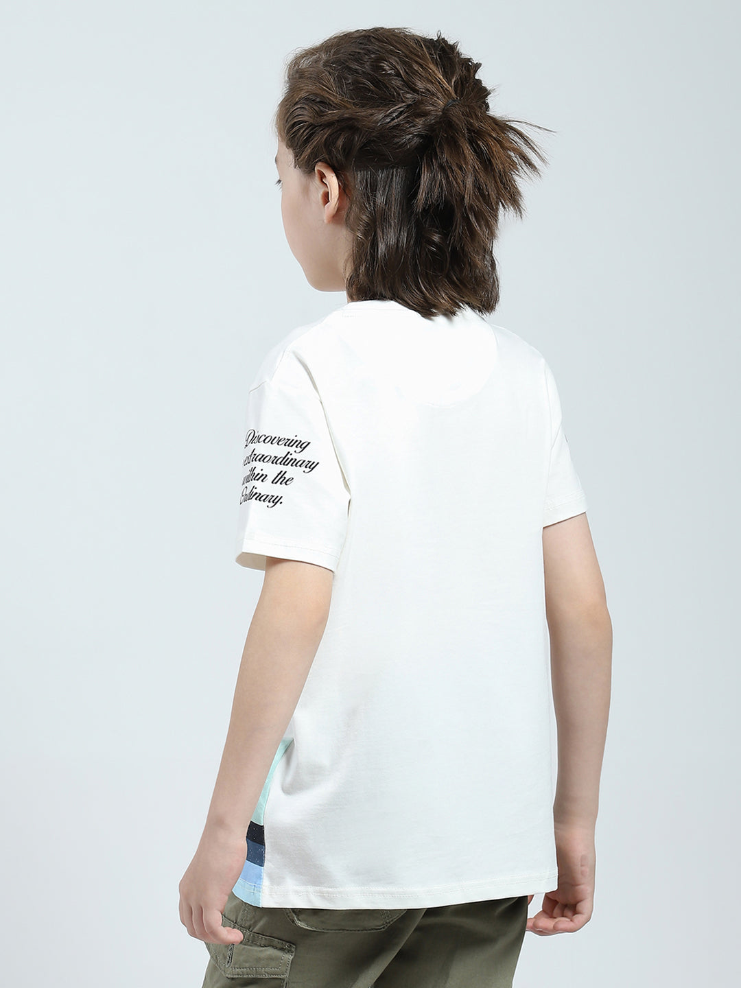 Boys White Printed Round Neck Half Sleeve T-Shirt