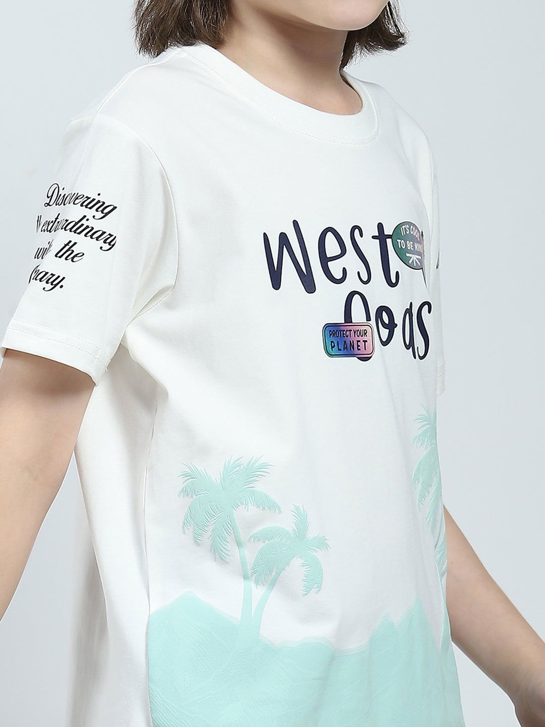 Boys White Printed Round Neck Half Sleeve T-Shirt