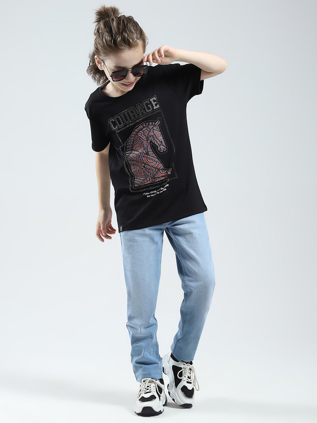 Boys Black Printed Round Neck Half Sleeve T-Shirt