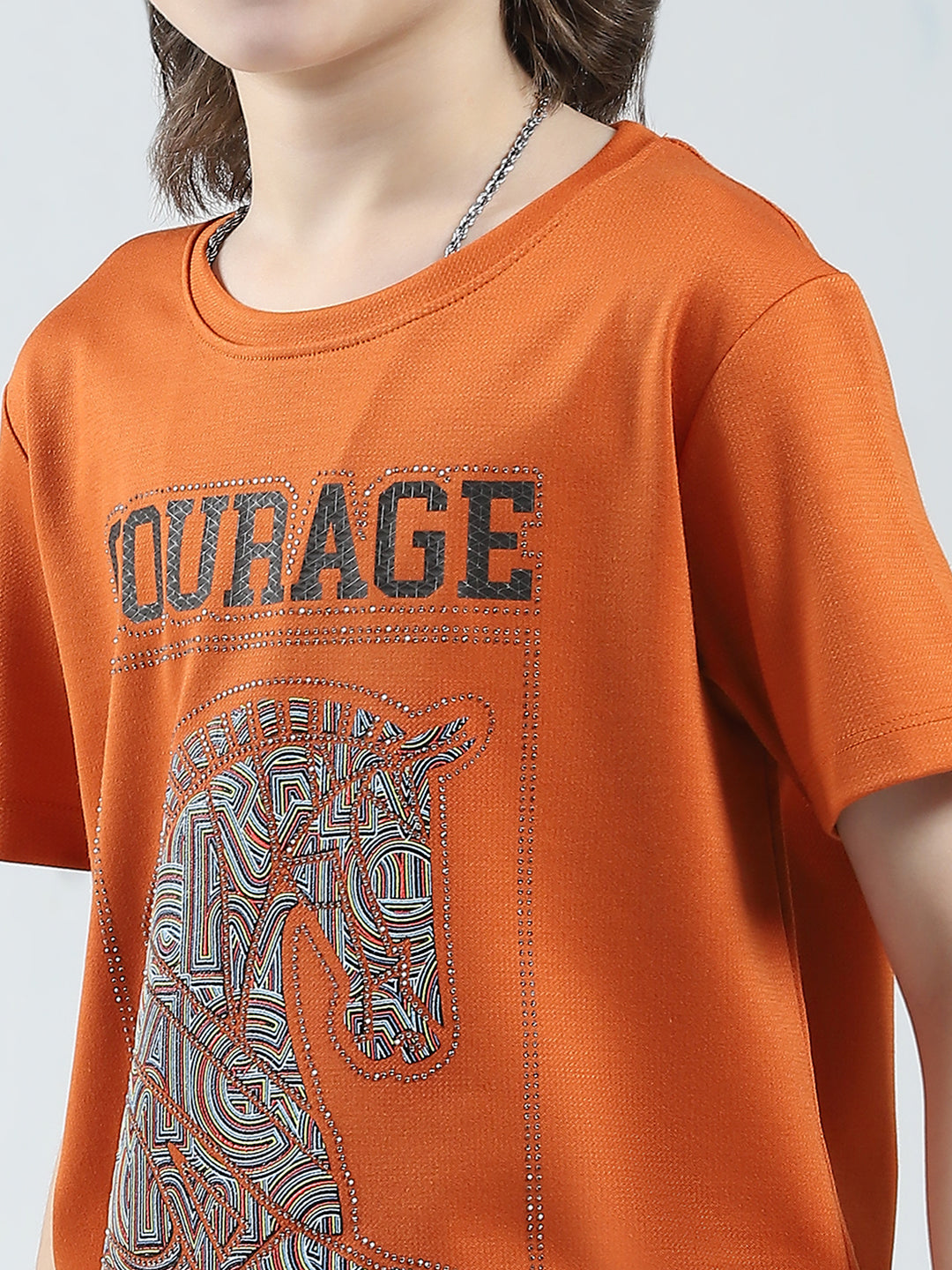 Boys Orange Printed Round Neck Half Sleeve T-Shirt