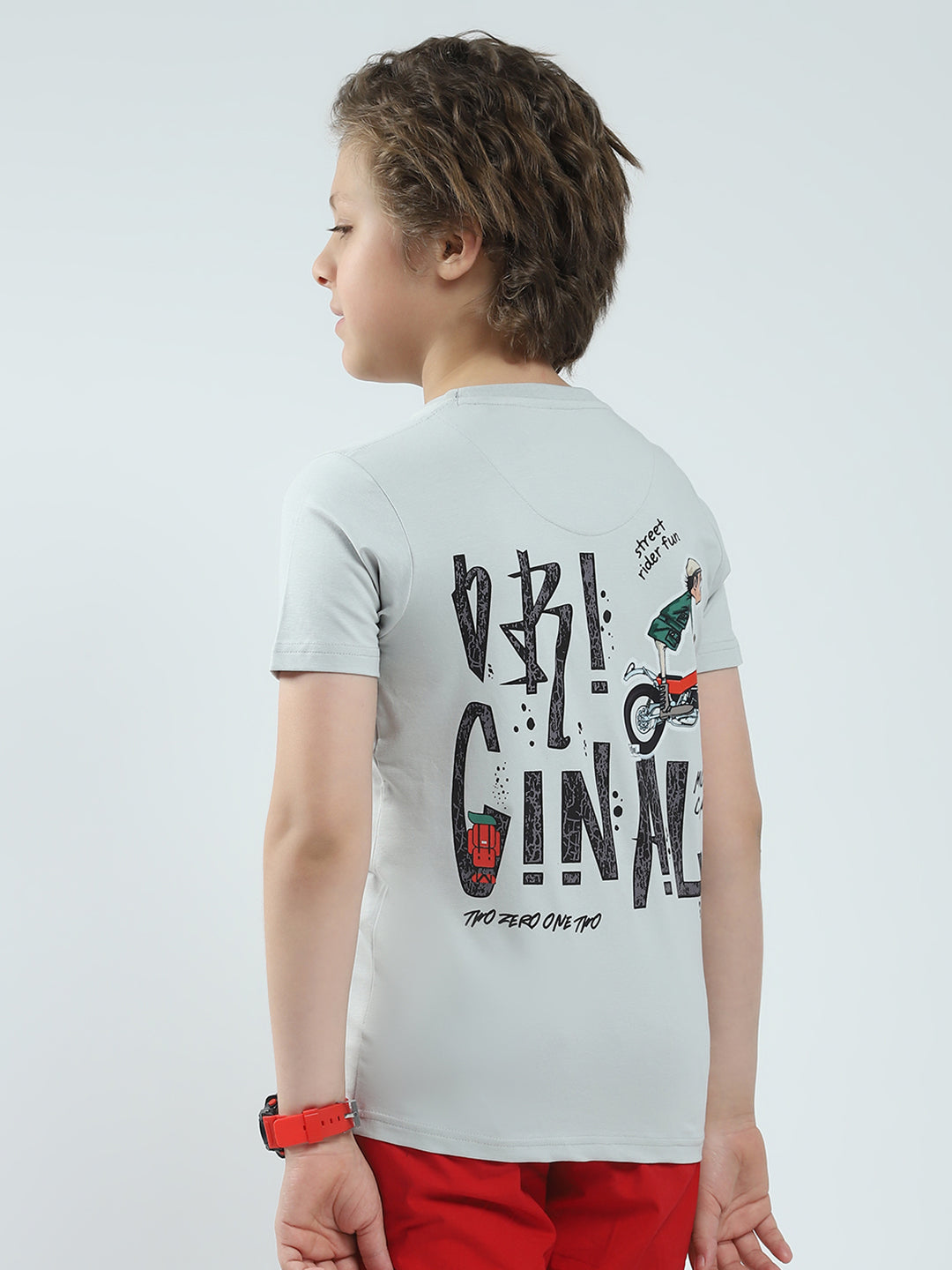 Boys Grey Printed Round Neck Half Sleeve T-Shirt