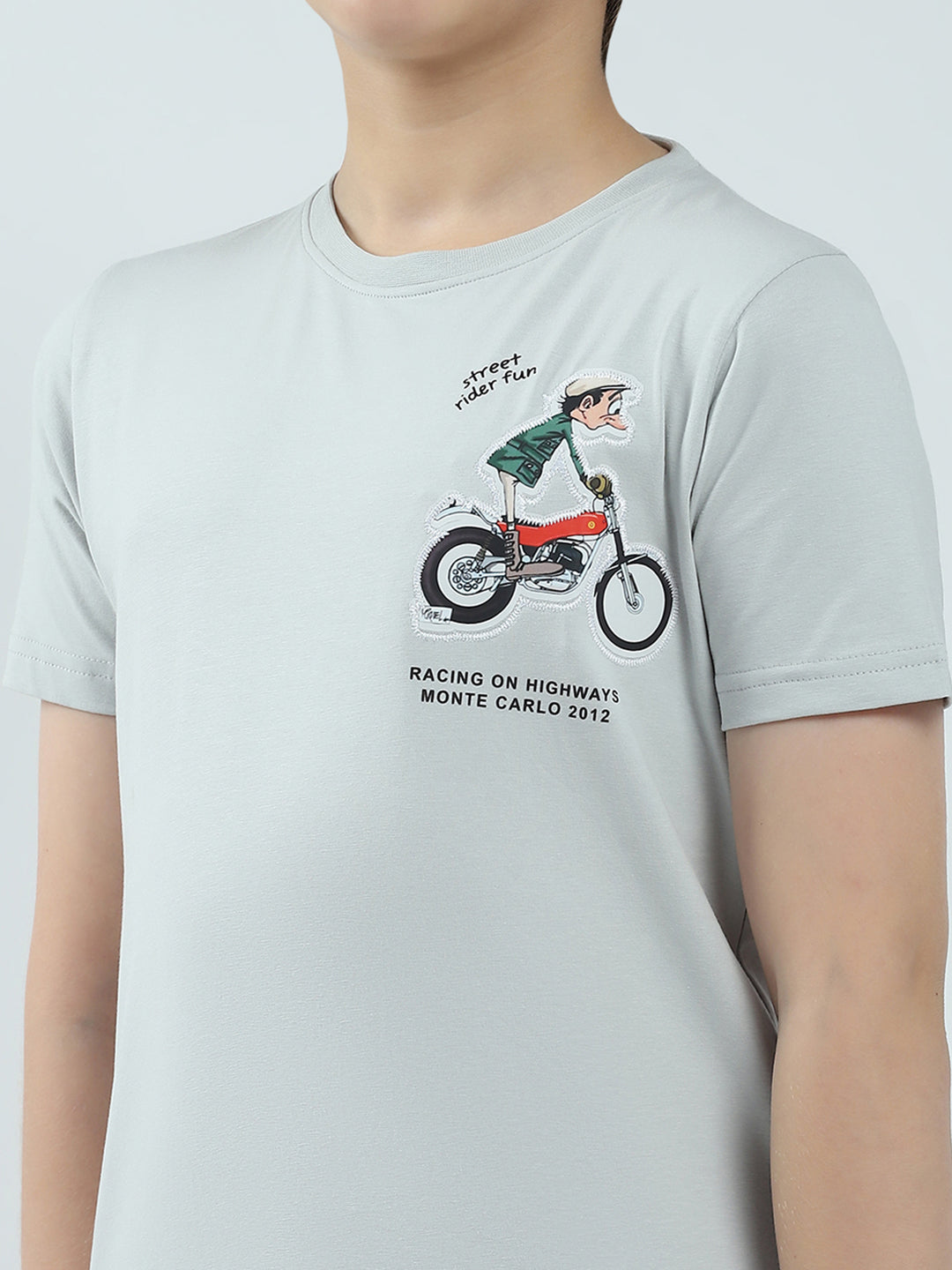 Boys Grey Printed Round Neck Half Sleeve T-Shirt