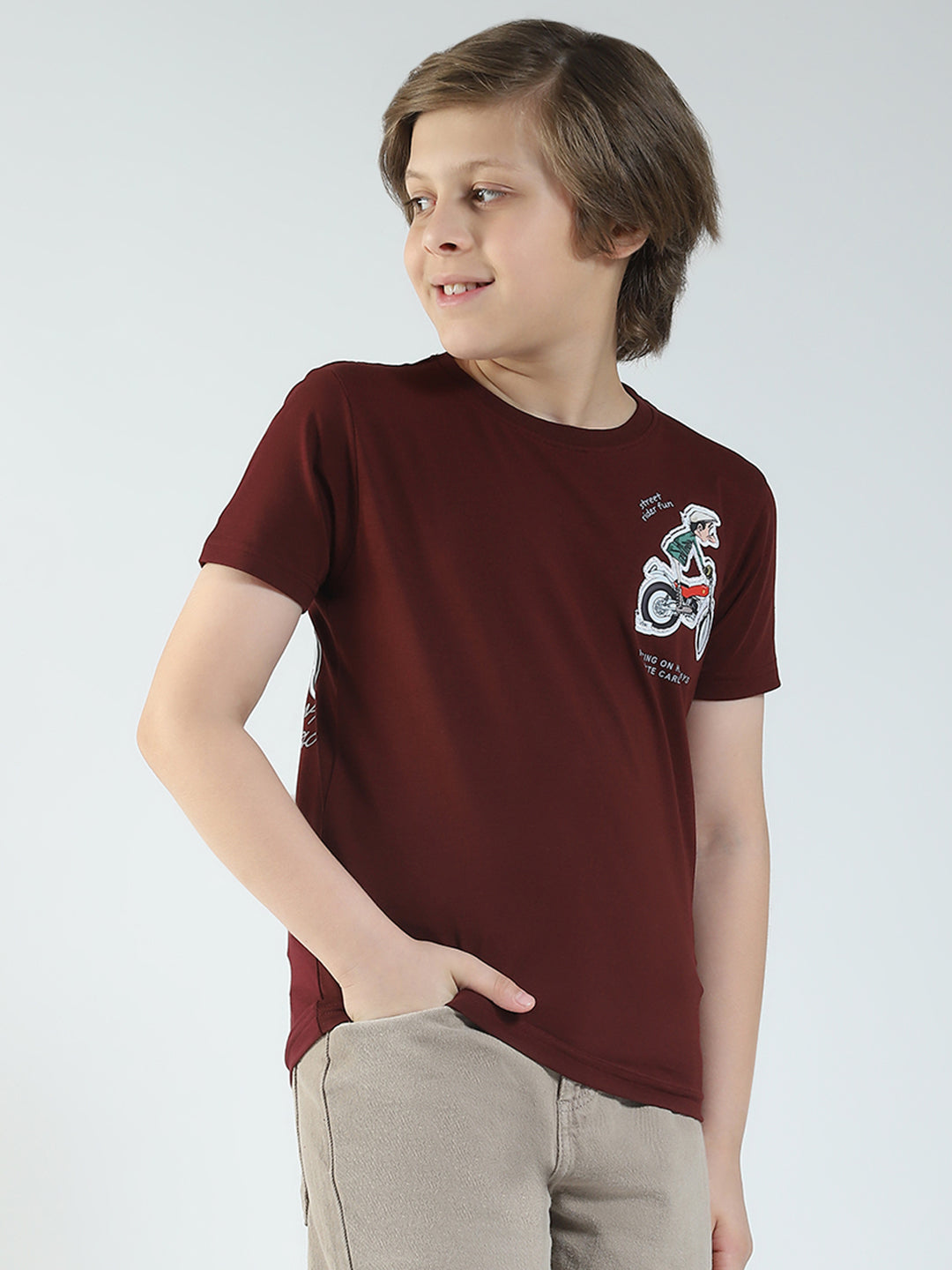Boys Maroon Printed Round Neck Half Sleeve T-Shirt