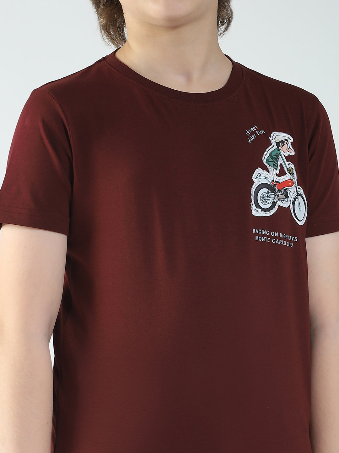Boys Maroon Printed Round Neck Half Sleeve T-Shirt