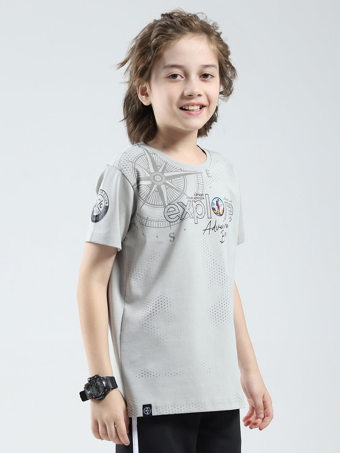Boys Grey Printed Round Neck Half Sleeve T-Shirt