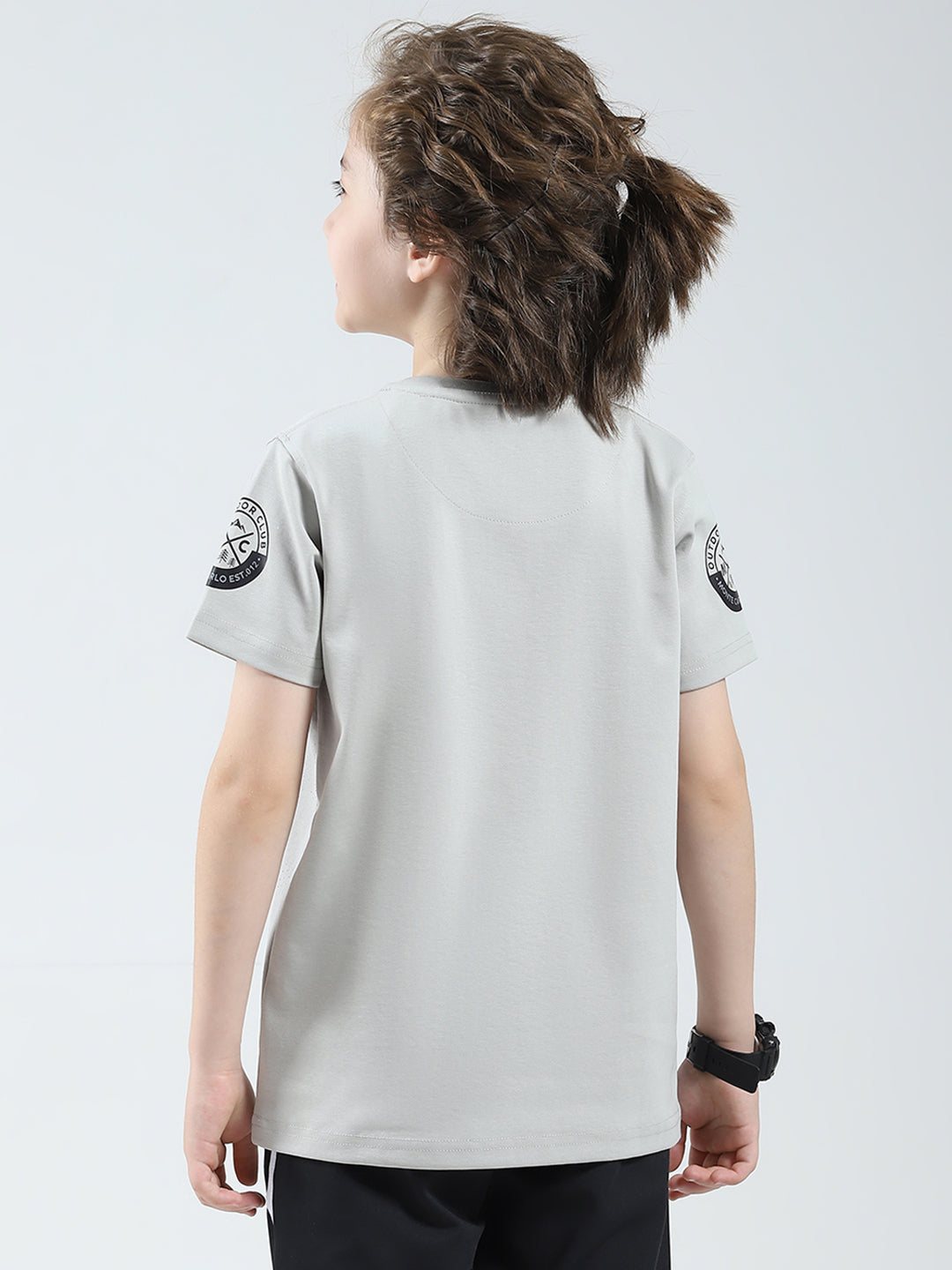 Boys Grey Printed Round Neck Half Sleeve T-Shirt