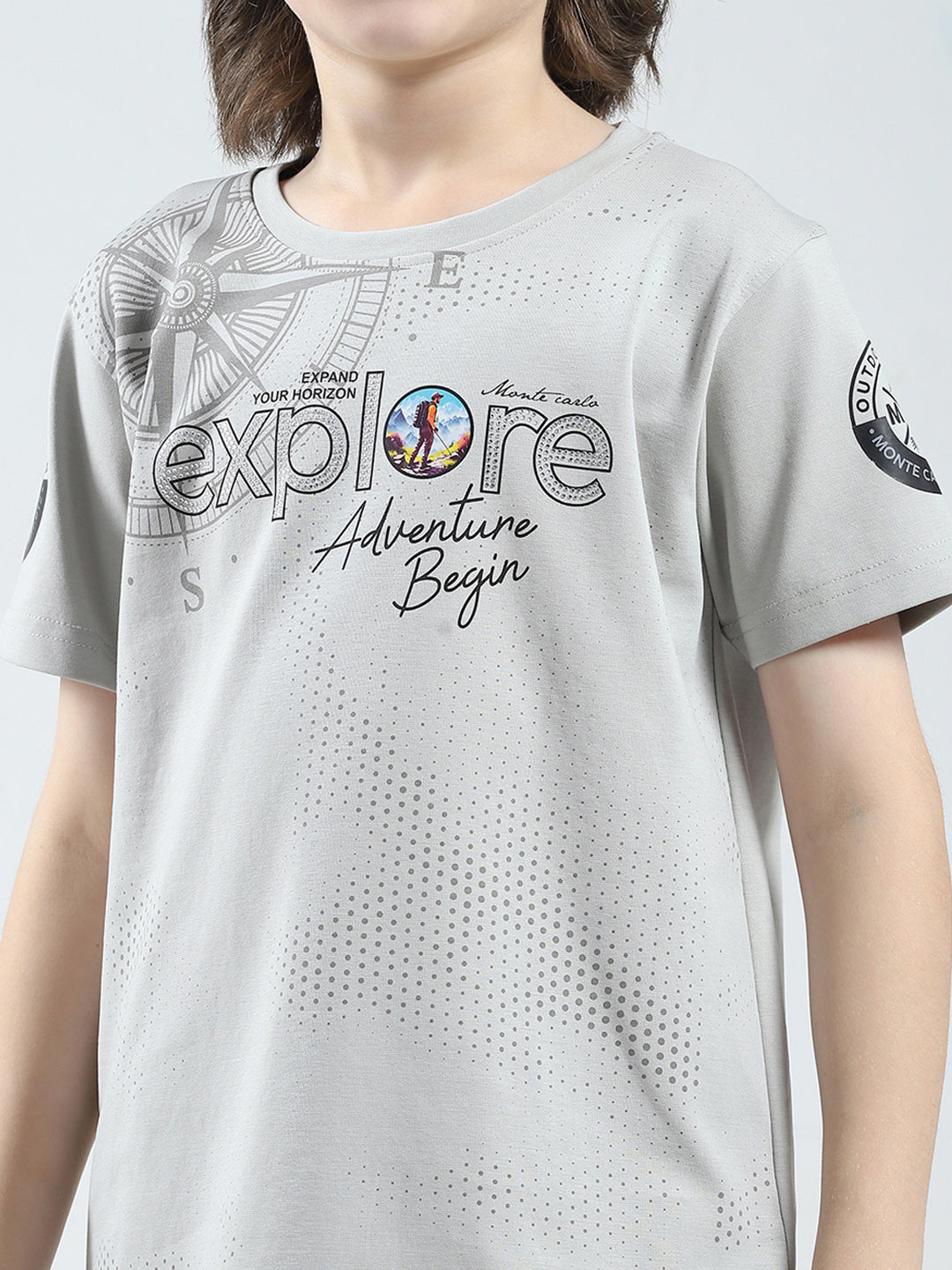 Boys Grey Printed Round Neck Half Sleeve T-Shirt