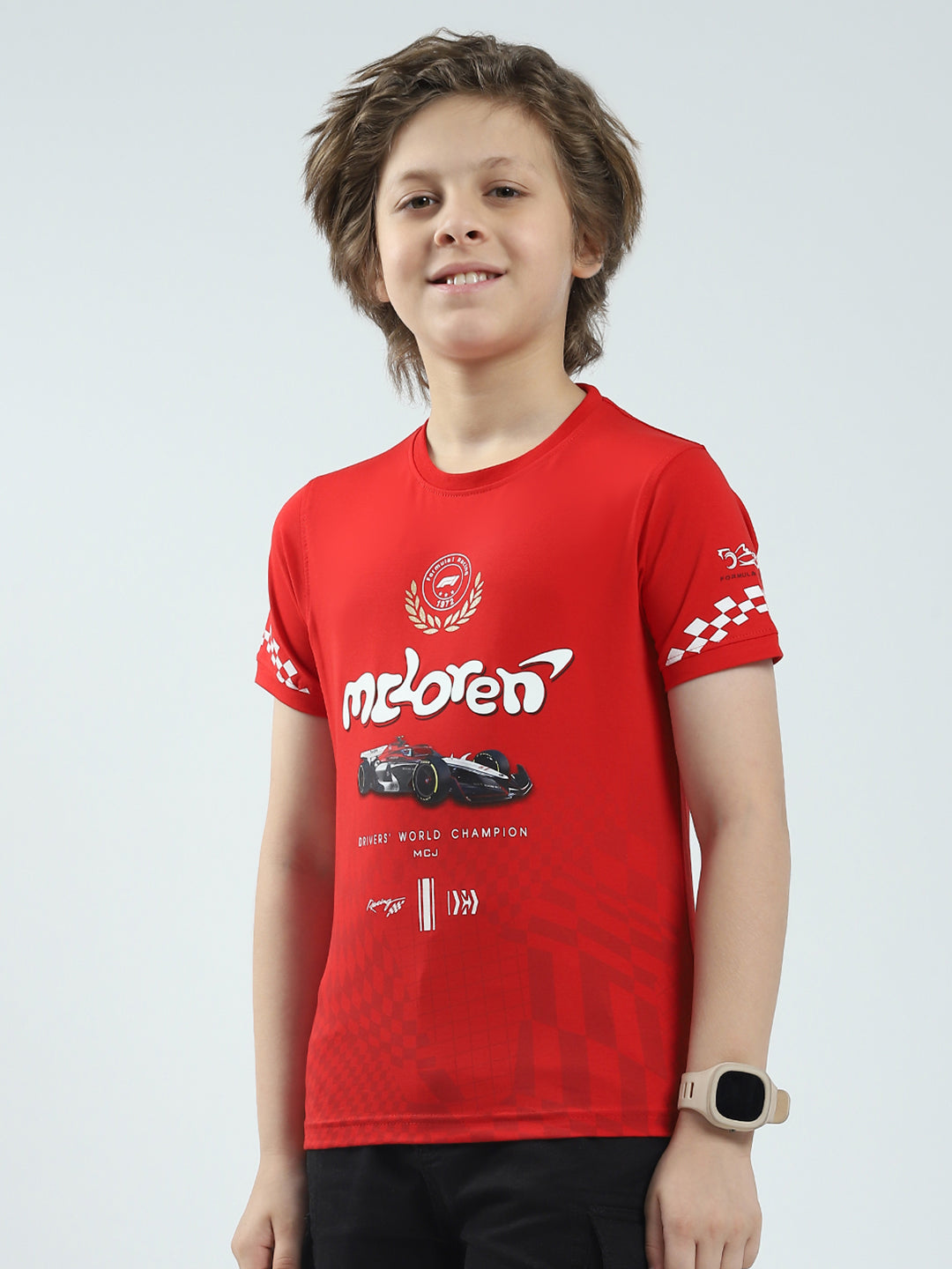 Boys Red Printed Round Neck Half Sleeve T-Shirt