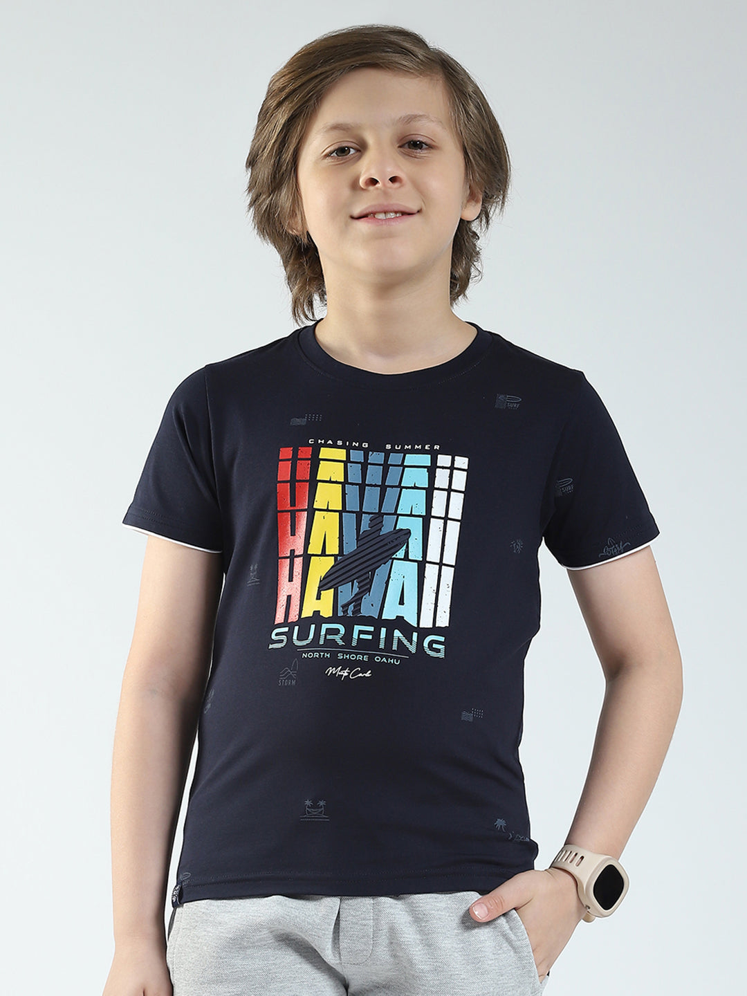 Boys Navy Blue Printed Round Neck Half Sleeve T-Shirt