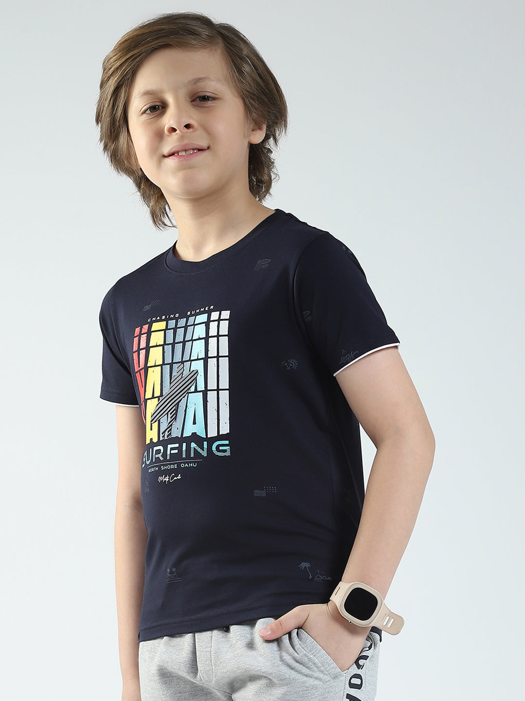 Boys Navy Blue Printed Round Neck Half Sleeve T-Shirt