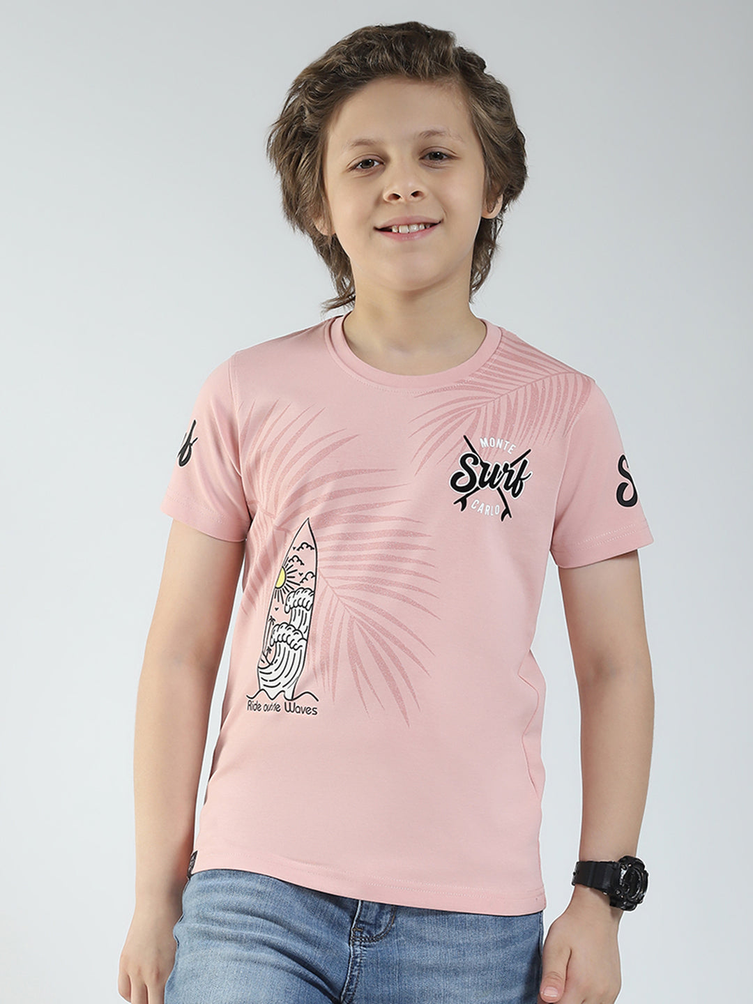 Boys Peach Printed Round Neck Half Sleeve T-Shirt