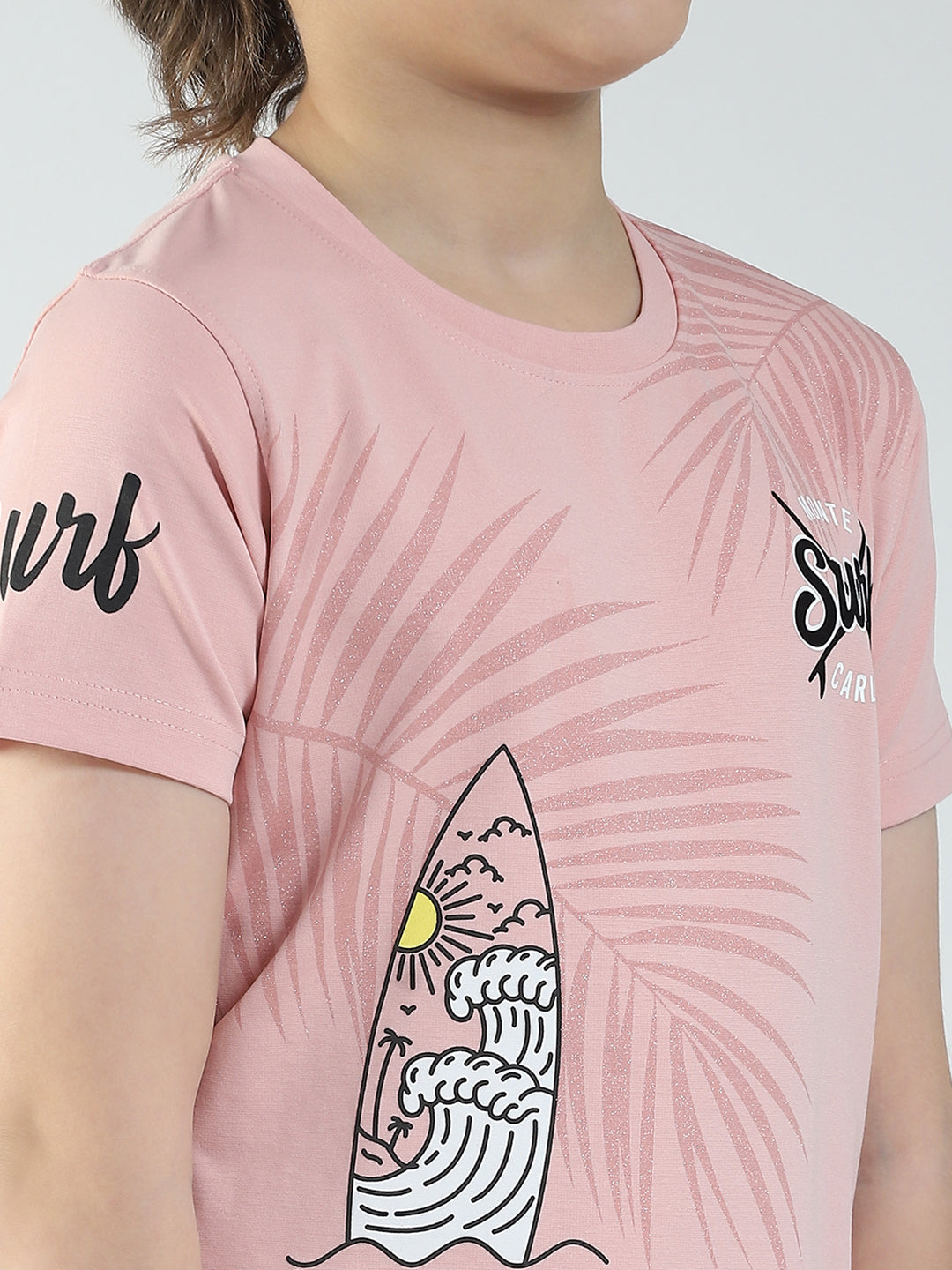 Boys Peach Printed Round Neck Half Sleeve T-Shirt