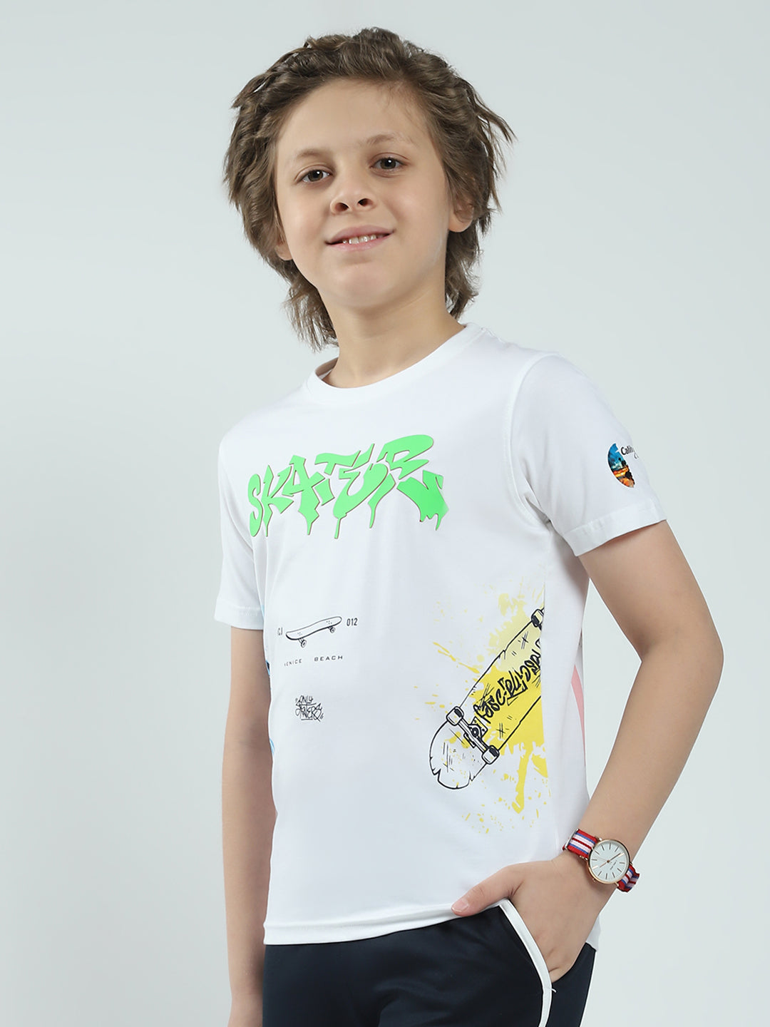 Boys White Printed Round Neck Half Sleeve T-Shirt