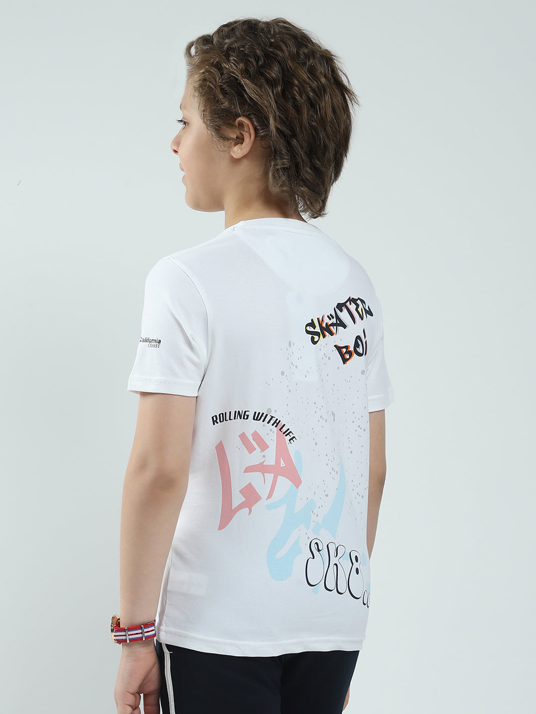 Boys White Printed Round Neck Half Sleeve T-Shirt