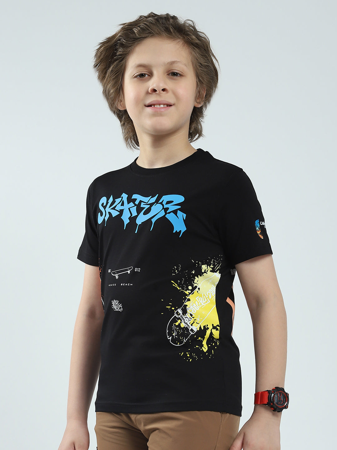 Boys Black Printed Round Neck Half Sleeve T-Shirt