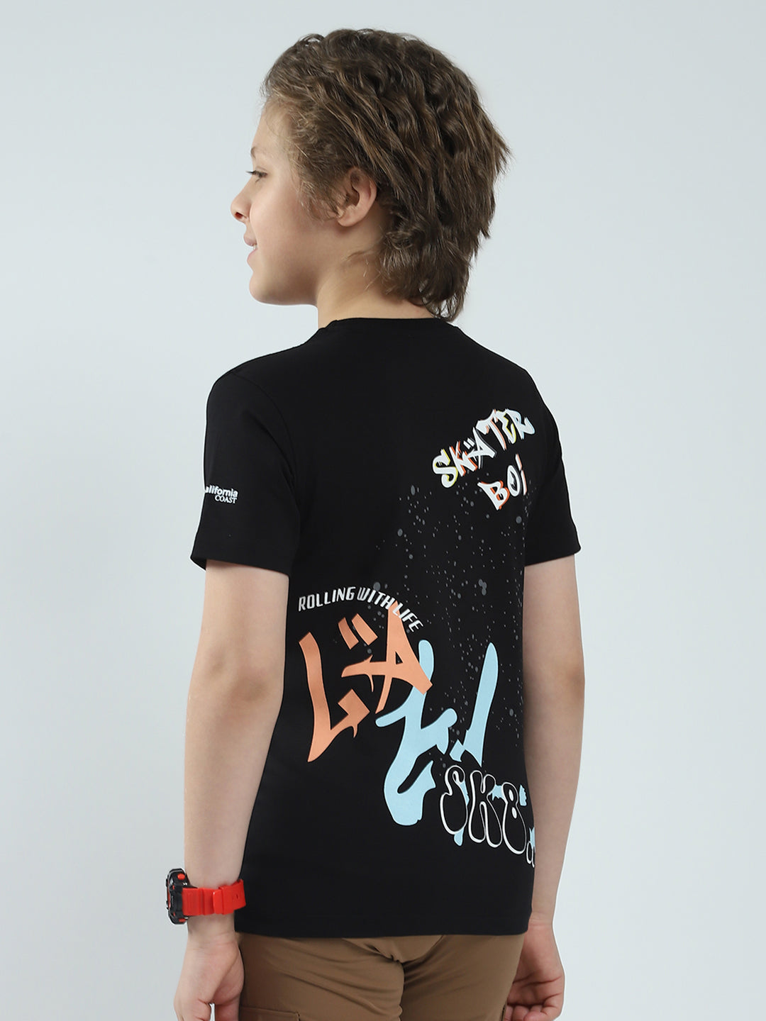 Boys Black Printed Round Neck Half Sleeve T-Shirt