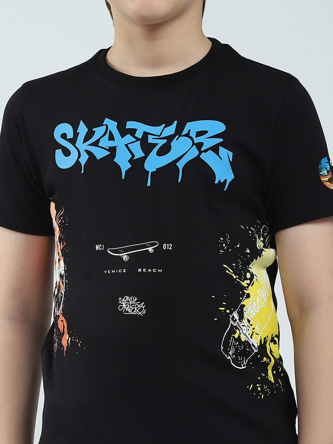 Boys Black Printed Round Neck Half Sleeve T-Shirt