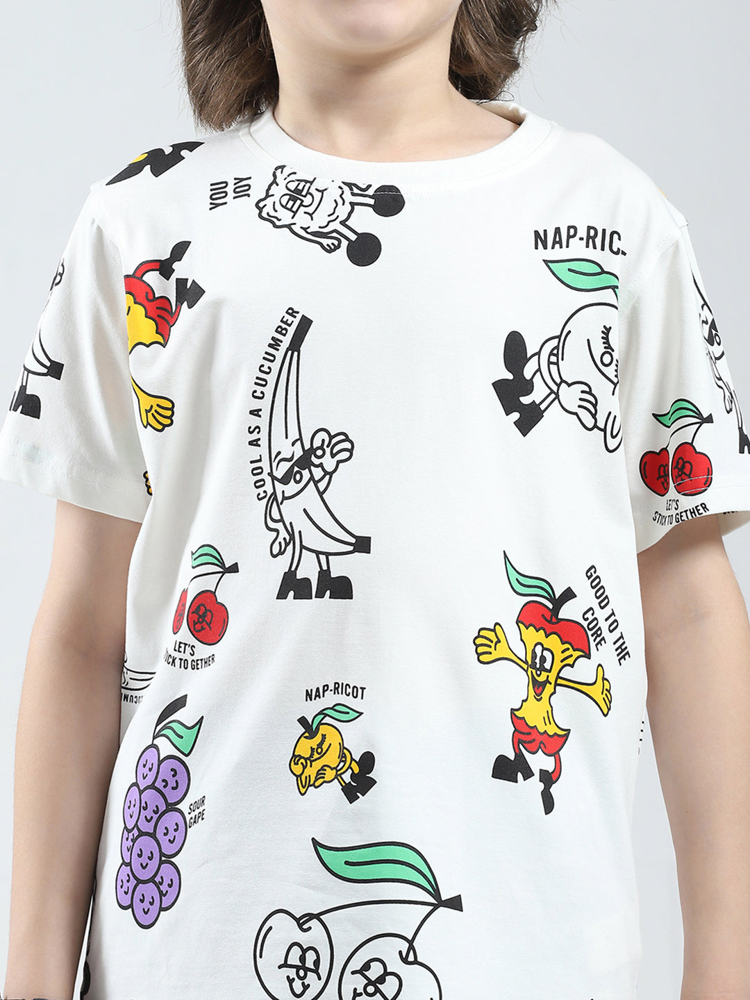 Boys White Printed Round Neck Half Sleeve T-Shirt