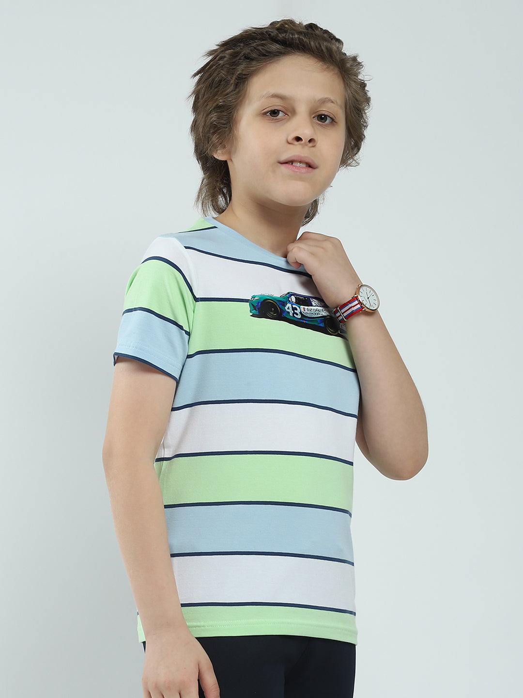 Boys Blue Stripe Round Neck Half Sleeve T-Shirt