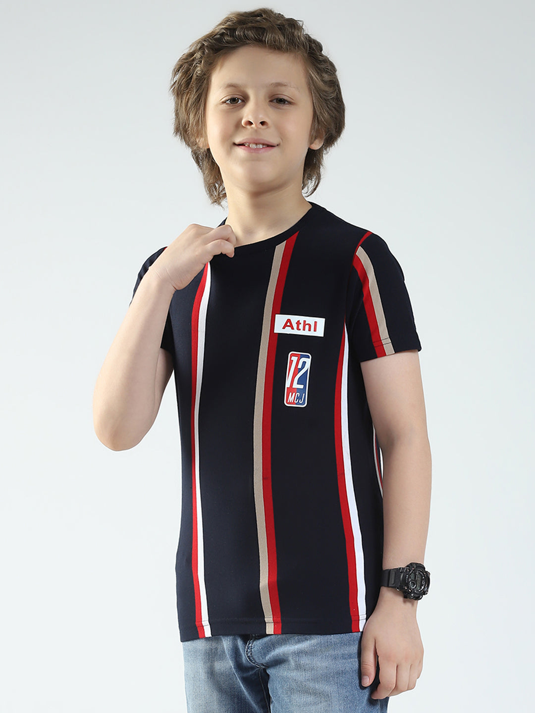 Boys Navy Blue Stripe Round Neck Half Sleeve T-Shirt