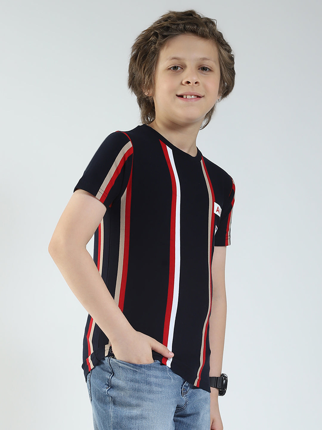 Boys Navy Blue Stripe Round Neck Half Sleeve T-Shirt