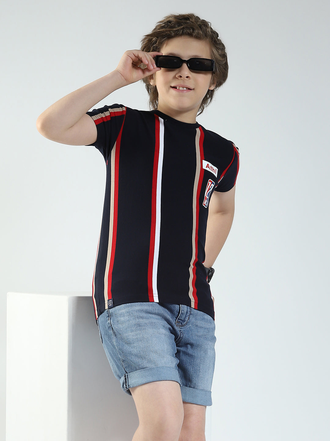 Boys Navy Blue Stripe Round Neck Half Sleeve T-Shirt
