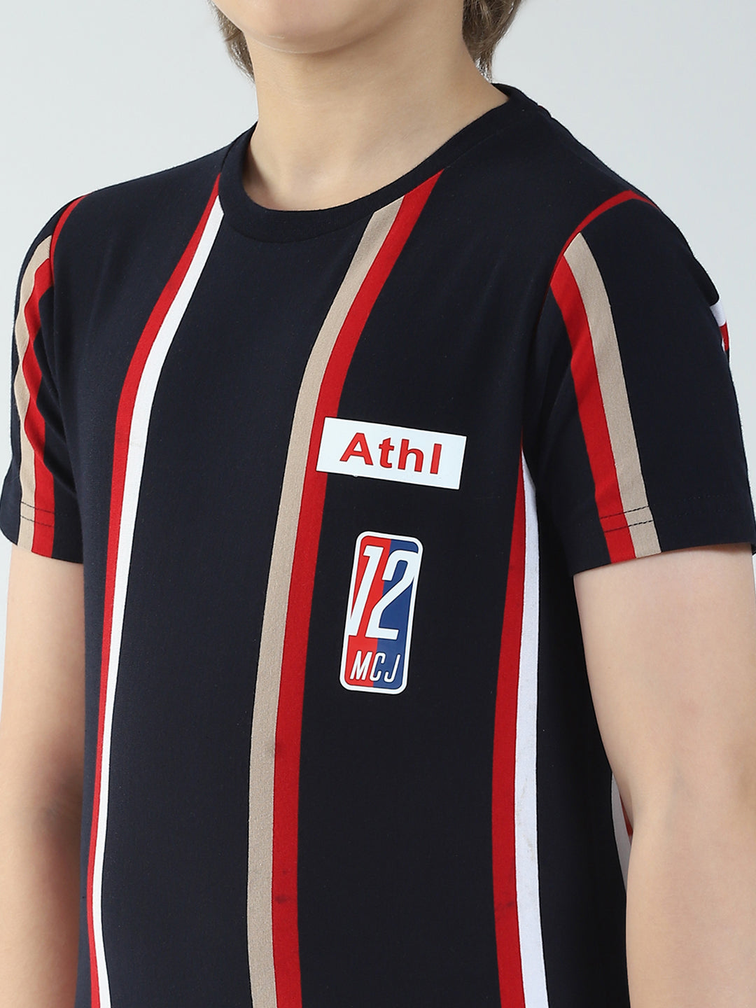Boys Navy Blue Stripe Round Neck Half Sleeve T-Shirt